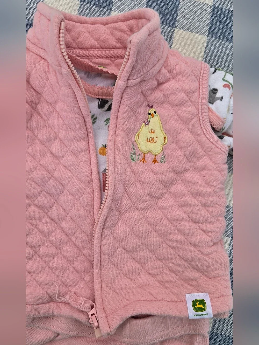 John Deere Pink Quilted Vest and Farm-Print 3 Pc. Outfit, Chicken Butt, 3/6 Mos